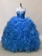 Blue Fabric With Rolling Flowers Lace Up Quinceanera Dresses Sleeveless Floor Length Ruffles and Sequins
