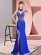 Blue Sleeveless Floor Length Lace and Appliques Backless Womens Party Dresses