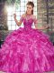 Fuchsia Lace Up Halter Top Beading and Ruffles Quinceanera Dresses Organza Sleeveless