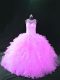 Cheap Lilac Ball Gowns Scoop Sleeveless Organza Floor Length Lace Up Beading and Ruffles Quinceanera Gown