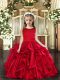 Latest Red Organza Lace Up Scoop Sleeveless Floor Length Little Girl Pageant Dress Ruffles