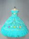 Captivating Off The Shoulder Sleeveless Lace Up Quinceanera Dresses Aqua Blue Satin
