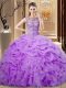 Traditional Lavender Quince Ball Gowns Sweet 16 and Quinceanera with Beading and Ruffles and Pick Ups Scoop Sleeveless Lace Up