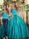 Latest Sleeveless Satin Floor Length Lace Up Sweet 16 Dress in Teal with Ruching