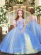 Best Sleeveless Floor Length Beading Lace Up Child Pageant Dress with Blue