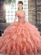 Fitting Peach Organza Lace Up Sweet 16 Dresses Sleeveless Brush Train Beading and Ruffles