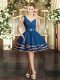 Blue Ball Gowns V-neck Sleeveless Organza Mini Length Backless Ruffled Layers Evening Dress