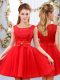 Mini Length Red Damas Dress Tulle Sleeveless Lace and Bowknot