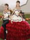 Top Selling Wine Red Organza Lace Up Quinceanera Dress Sleeveless Floor Length Embroidery and Ruffled Layers