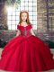 Red Tulle Lace Up Straps Sleeveless Floor Length Child Pageant Dress Beading
