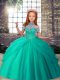 Turquoise Ball Gowns Tulle High-neck Sleeveless Beading Floor Length Lace Up Kids Formal Wear  Turquoise Ball Gowns Tulle High-neck Sleeveless Beading Floor Length Lace Up Kids Formal Wear