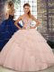 Tulle Sweetheart Sleeveless Brush Train Lace Up Beading and Ruffled Layers Quinceanera Gown in Peach