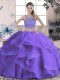 Spectacular Purple Scoop Neckline Beading and Ruffles Quinceanera Dresses Sleeveless Lace Up