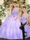 Lavender Tulle Lace Up Strapless Sleeveless Floor Length Quince Ball Gowns Beading and Appliques and Ruffles