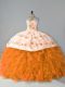 Orange Halter Top Lace Up Embroidery and Ruffles Sweet 16 Quinceanera Dress Court Train Sleeveless
