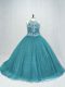 Teal Lace Up Scoop Beading Quinceanera Dress Tulle Sleeveless Brush Train