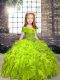 Nice Olive Green Organza Lace Up Kids Formal Wear Sleeveless Floor Length Beading