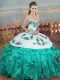 Sleeveless Floor Length Embroidery and Ruffles and Bowknot Lace Up Quinceanera Gowns with Turquoise