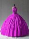 Fitting Fuchsia Ball Gowns Halter Top Sleeveless Tulle Floor Length Lace Up Appliques Ball Gown Prom Dress