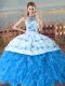 Captivating Halter Top Sleeveless Organza 15th Birthday Dress Embroidery and Ruffles Court Train Lace Up