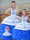 Elegant Floor Length Blue And White Ball Gown Prom Dress Halter Top Sleeveless Court Train Lace Up