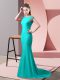 Turquoise Prom Gown Elastic Woven Satin Brush Train Short Sleeves Beading