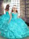 Fancy Sleeveless Organza Floor Length Lace Up Pageant Dress for Teens in Aqua Blue with Beading and Ruffles