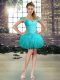 Customized Aqua Blue Sleeveless Mini Length Beading and Ruffles Lace Up