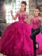 Halter Top Sleeveless Quinceanera Dress Floor Length Beading and Ruffles Fuchsia Tulle