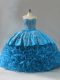 New Style Blue Quinceanera Dress Fabric With Rolling Flowers Brush Train Sleeveless Embroidery and Ruffles