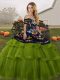 Fitting Tulle Off The Shoulder Sleeveless Brush Train Lace Up Embroidery and Ruffled Layers Quinceanera Gown in Olive Green