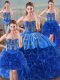 Best Sleeveless Floor Length Embroidery and Ruffles Lace Up Quinceanera Gown with Royal Blue