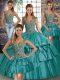 Perfect Floor Length Lace Up Quinceanera Gowns Teal for Military Ball and Sweet 16 and Quinceanera with Beading and Ruffled Layers