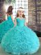 Floor Length Aqua Blue Little Girl Pageant Gowns Fabric With Rolling Flowers Sleeveless Beading and Ruching Floor Length Aqua Blue Little Girl Pageant Gowns Fabric With Rolling Flowers Sleeveless Beading and Ruching