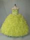 Yellow Green Ball Gown Prom Dress Organza Brush Train Sleeveless Beading and Ruffles