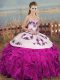 Sleeveless Floor Length Embroidery and Ruffles and Bowknot Lace Up Quince Ball Gowns with Fuchsia