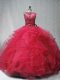 Nice Coral Red Tulle Lace Up Vestidos de Quinceanera Sleeveless Brush Train Beading and Ruffles