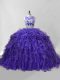 Purple Two Pieces Organza Scoop Sleeveless Beading and Ruffles Zipper Quinceanera Dresses Brush Train