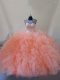 Peach Ball Gowns Tulle Scoop Sleeveless Beading and Ruffles Lace Up Ball Gown Prom Dress Court Train