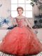 Great Peach Tulle Lace Up Little Girls Pageant Gowns Sleeveless Floor Length Beading and Ruffles