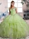 Floor Length Lace Up Quince Ball Gowns Yellow Green for Military Ball and Sweet 16 and Quinceanera with Beading and Ruffles