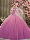 Suitable Lilac Tulle Lace Up Sweet 16 Dresses Sleeveless Floor Length Beading