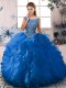 Blue Organza Zipper Scoop Sleeveless Floor Length Quince Ball Gowns Beading and Ruffles