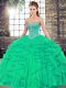 Romantic Turquoise Ball Gowns Sweetheart Sleeveless Tulle Floor Length Lace Up Beading and Ruffles Sweet 16 Dress