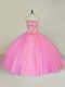 Captivating Pink Quince Ball Gowns Sweet 16 and Quinceanera with Beading Strapless Sleeveless Lace Up