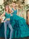 Custom Made Teal Two Pieces Ruffled Layers Vestidos de Quinceanera Backless Organza Sleeveless