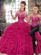 Custom Fit Fuchsia Tulle Lace Up Halter Top Sleeveless Floor Length 15 Quinceanera Dress Beading and Ruffles