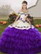 Off The Shoulder Sleeveless Vestidos de Quinceanera Floor Length Embroidery and Ruffled Layers White And Purple Organza