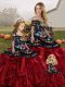 Popular Red And Black Lace Up Sweet 16 Dress Embroidery and Ruffles Sleeveless Floor Length