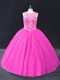 High End Sleeveless Floor Length Beading Lace Up Quinceanera Gown with Fuchsia